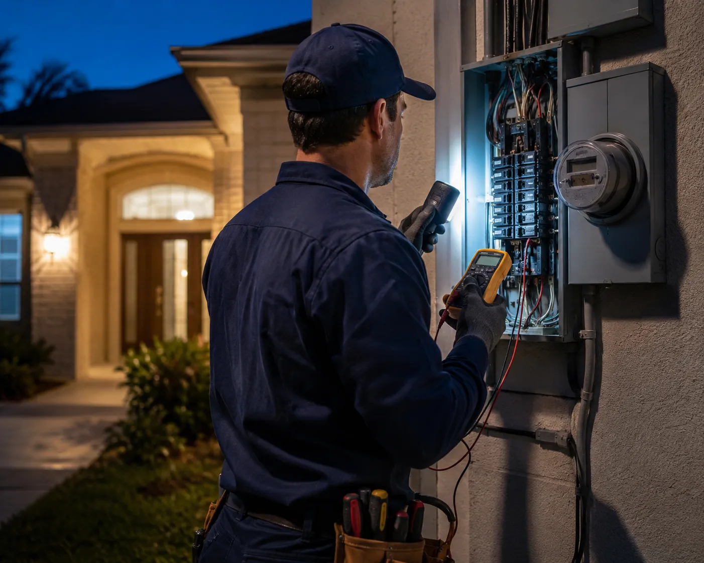 Electrician diagnosing an exterior electrical panel during an after-hours service call in Valrico.
