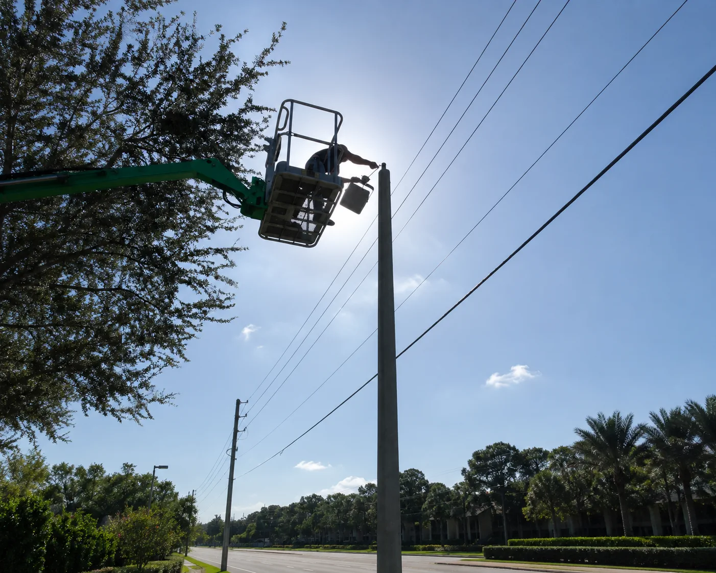Electrician servicing a commercial pole light from an aerial work platform in Florida.