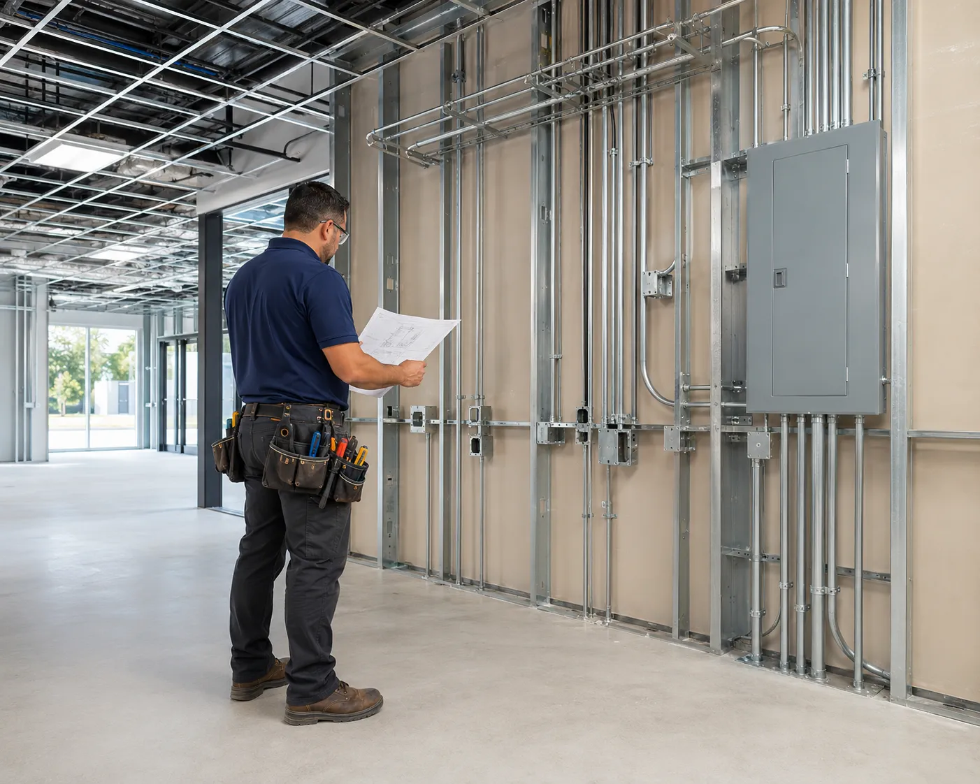 Commercial electrical panels, control equipment and conduit installed during a tenant