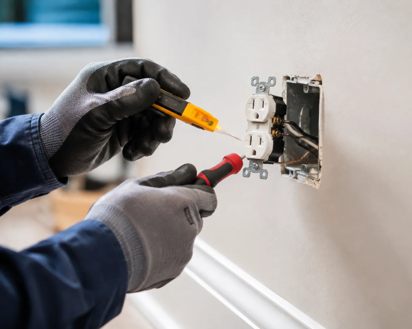 Electrician testing and repairing a residential electrical outlet in Valrico, Florida.