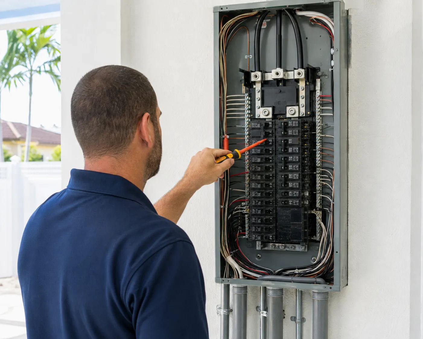 Electrician inspecting an upgraded residential electrical panel in Valrico, Florida.