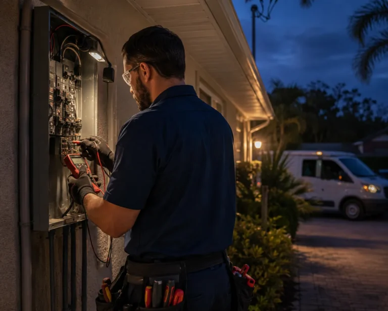 Electrician diagnosing an electrical panel during an evening service call in Valrico, Florida.