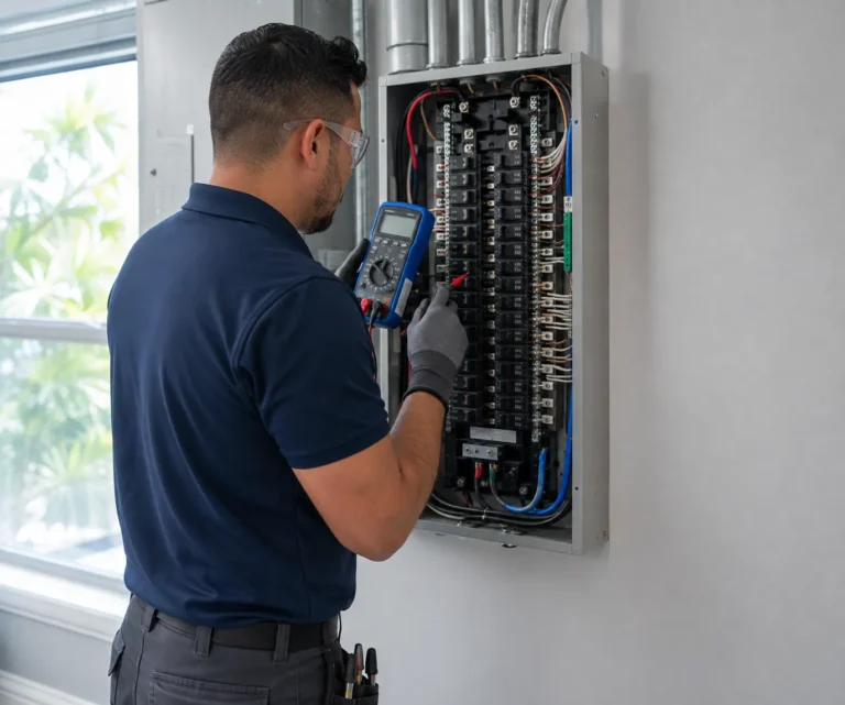 Licensed master electrician inspecting a residential electrical panel with a multimeter in Valrico, Florida.