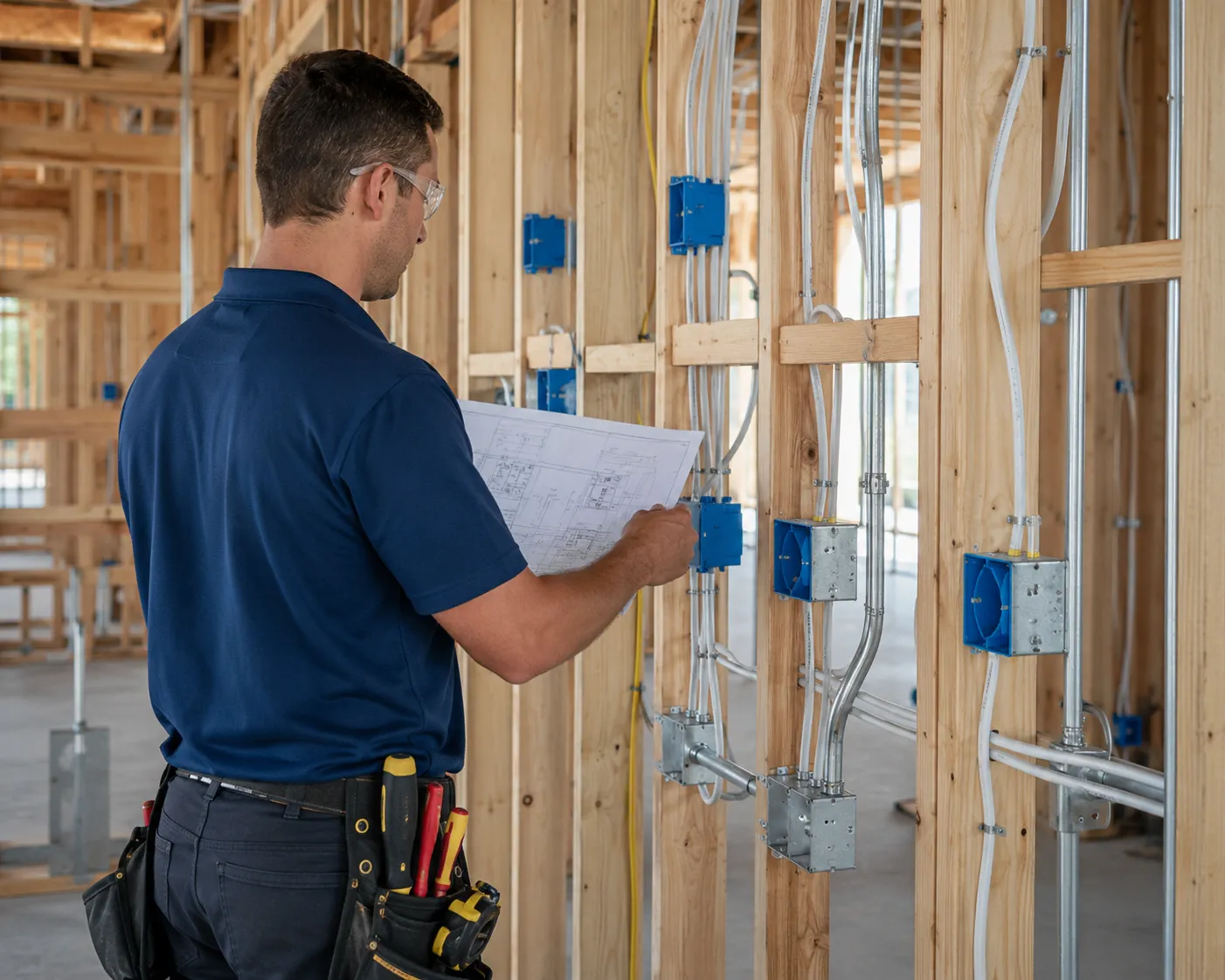 Electrician inspecting electrical rough-in wiring during new construction in Valrico, Florida.