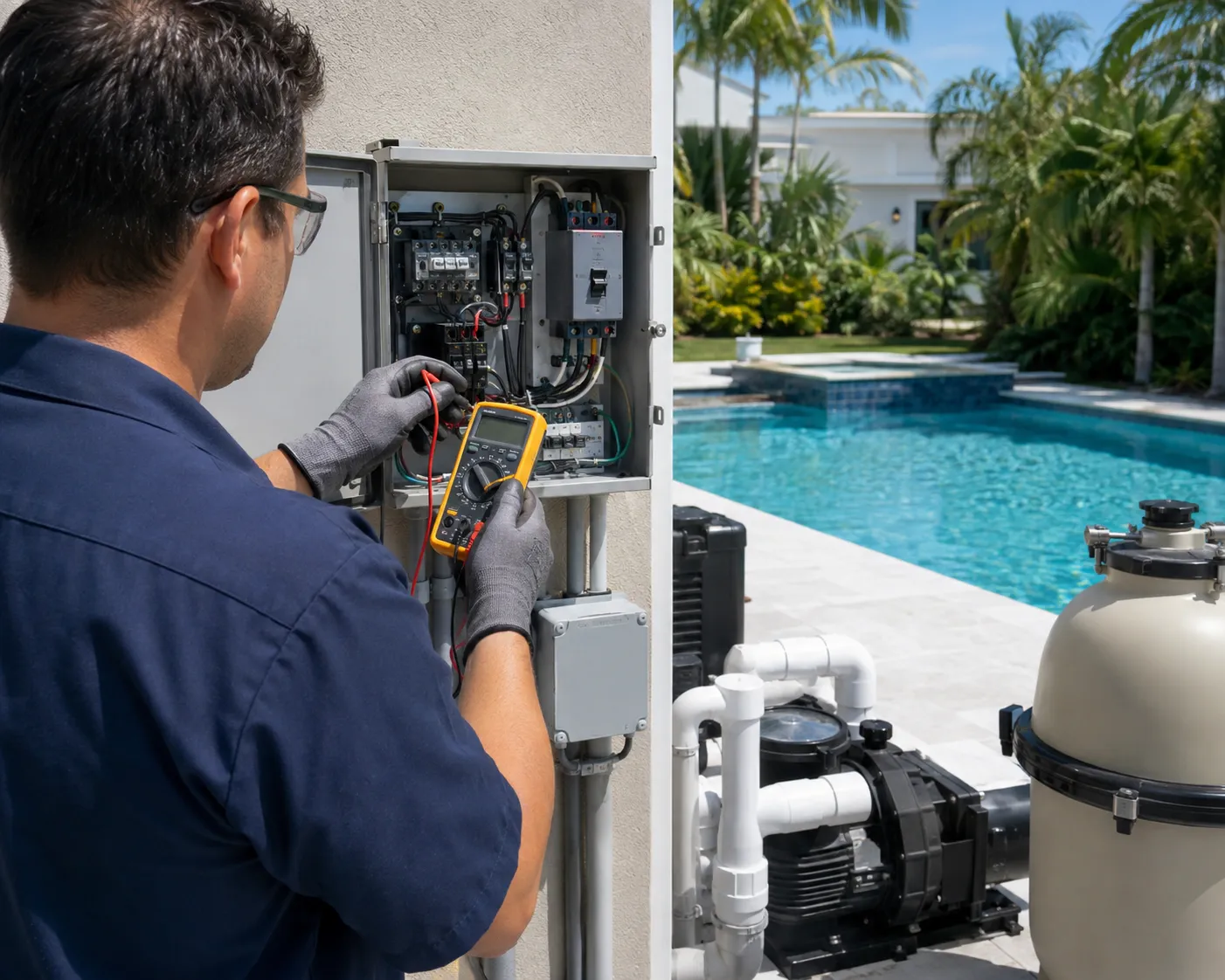 Electrician testing a swimming pool electrical control panel at a Florida residence.