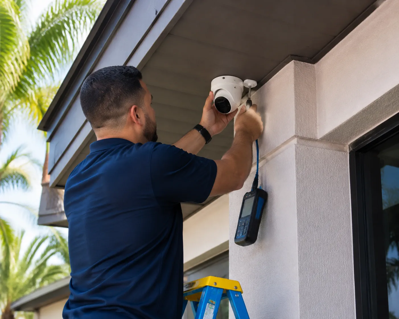 Technician installing an outdoor security camera beneath the soffit of a Florida property.