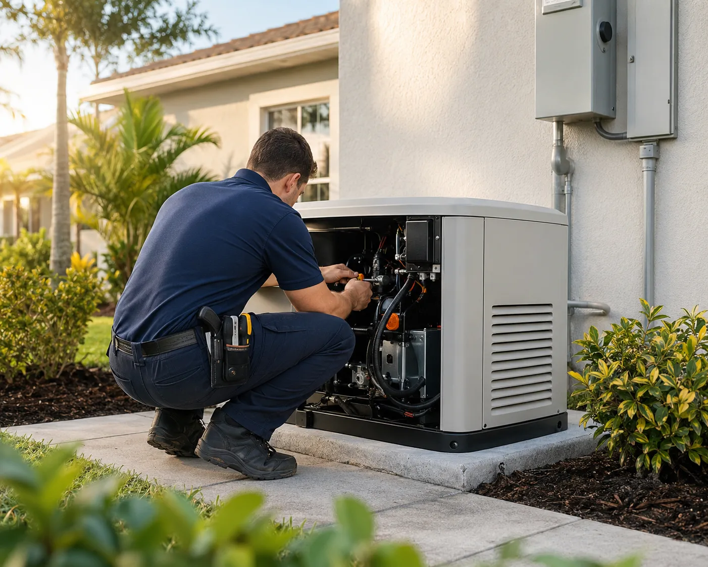 Electrician installing a whole-home standby generator outside a Florida residence.